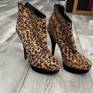 Leopard Print High Heel Ankle Boots - Women's Tan/Black
